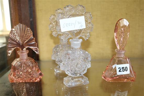 Pair cut glass scent bottles and 2 pink glass scent bottles